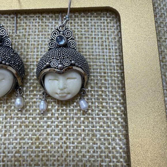 Unique NF Goddess 14K Gold Accent and Sterling Silver Carved Face Earrings - Picture 3 of 7